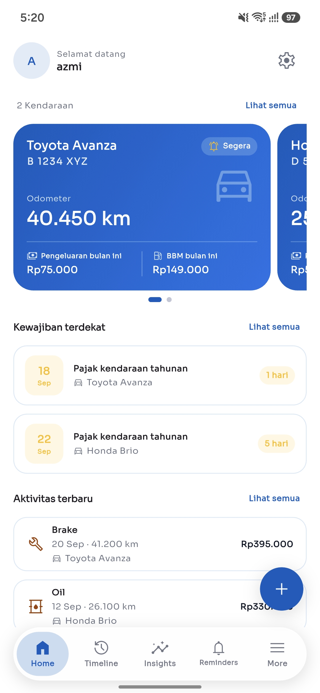 Beranda aplikasi CarBuddy: kartu kendaraan Toyota Avanza dengan odometer 40.450 km, ringkasan pengeluaran bulan ini, dan kewajiban terdekat
