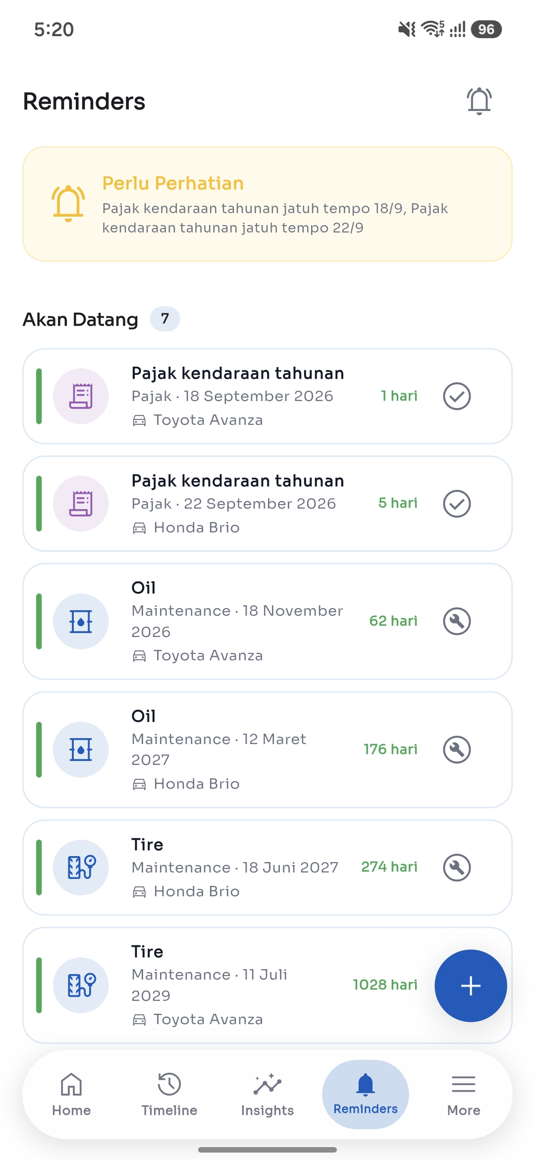 Tab Reminders dengan hitungan hari menuju jatuh tempo pajak dan pengingat lainnya